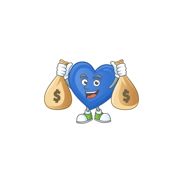 Счастливый голубой мультяшный персонаж с двумя сумками денег — стоковый вектор