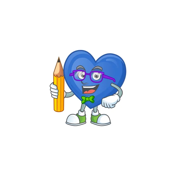 Fresco intelligente studente blu amore mascotte con una matita — Vettoriale Stock