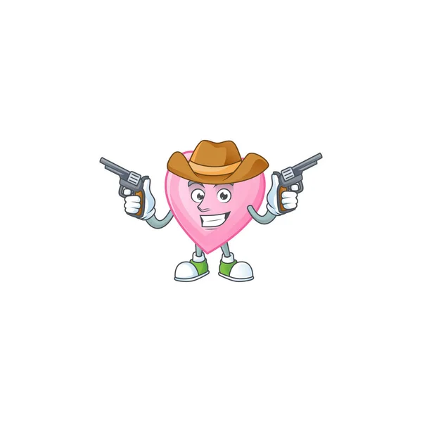 Mosolygó rózsaszín szerelem kabala ikon, mint egy Cowboy kezében fegyverek — Stock Vector