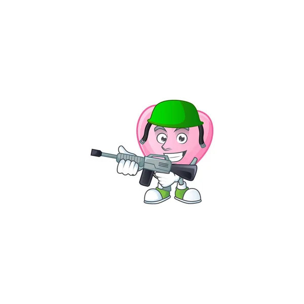 A mascot of pink love as an Army with machine gun — 스톡 벡터