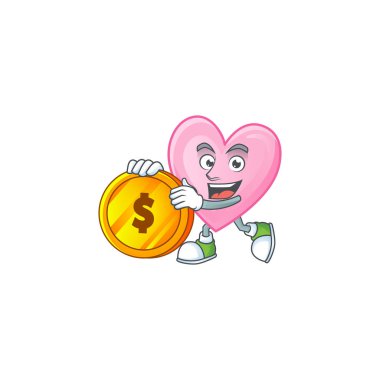 Mutlu yüz pembe aşk çizgi film karakteri altın sikke ile