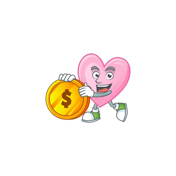 Cara feliz amor rosa personaje de dibujos animados con moneda de oro — Vector de stock