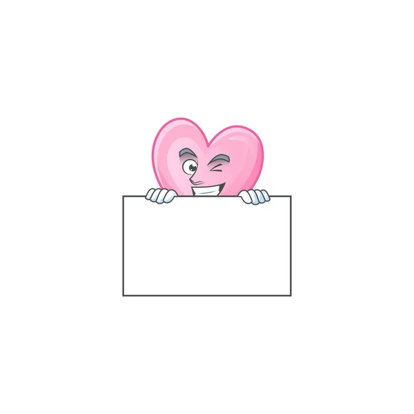 Grinning pink love cartoon character style hides behind a board — 스톡 벡터