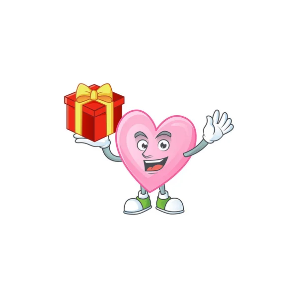Rosa kärlek tecknad karaktär med en låda med gåva — Stock vektor