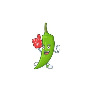 Köpük parmaklı komik yeşil biber maskotu tarzı.