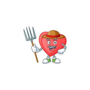 Mutlu çiftçi kırmızı aşk çizgi film maskotu şapka ve aletlerle