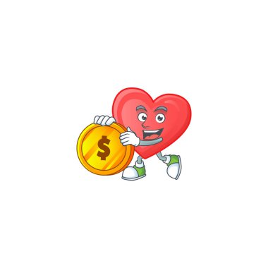 Mutlu yüz kırmızı aşk çizgi film karakteri altın sikke ile