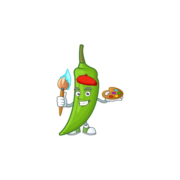 Happy green chili painting cartoon icon with brush - Stok Vektor