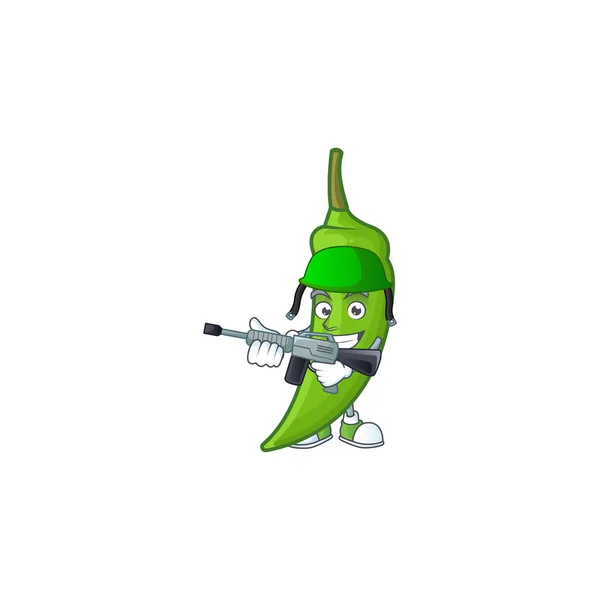 A mascot of green chili as an Army with machine gun — 스톡 벡터