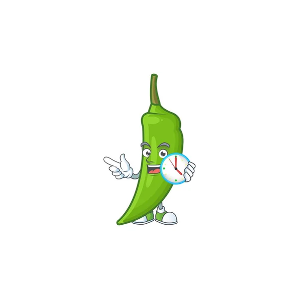 Happy green chili gaya kartun maskot dengan jam - Stok Vektor