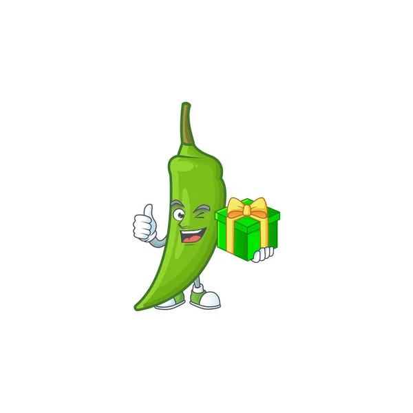 Χαρακτήρας κινουμένων σχεδίων του χαρούμενου πράσινου τσίλι με κουτί δώρου — Διανυσματικό Αρχείο