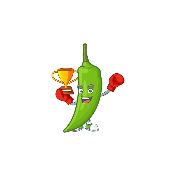 Super cool Ganador de boxeo chile verde en estilo de dibujos animados mascota — Vector de stock