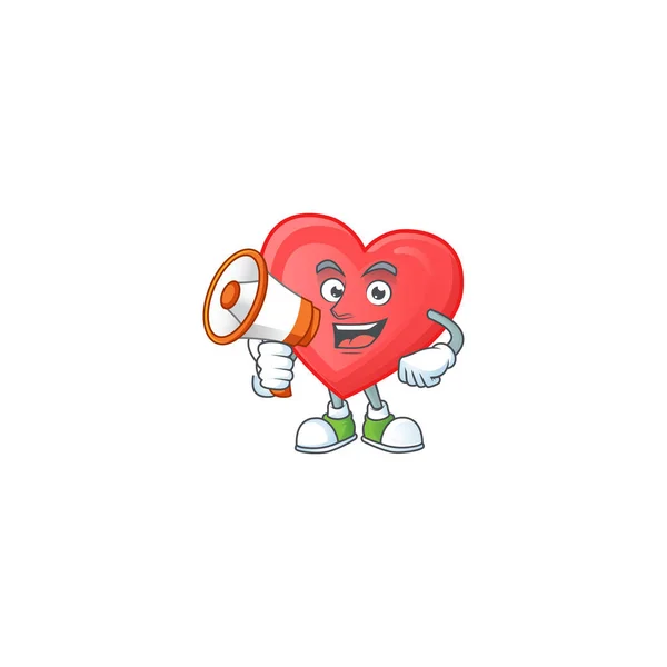 Sonriente personaje de dibujos animados de amor rojo con megáfono — Vector de stock