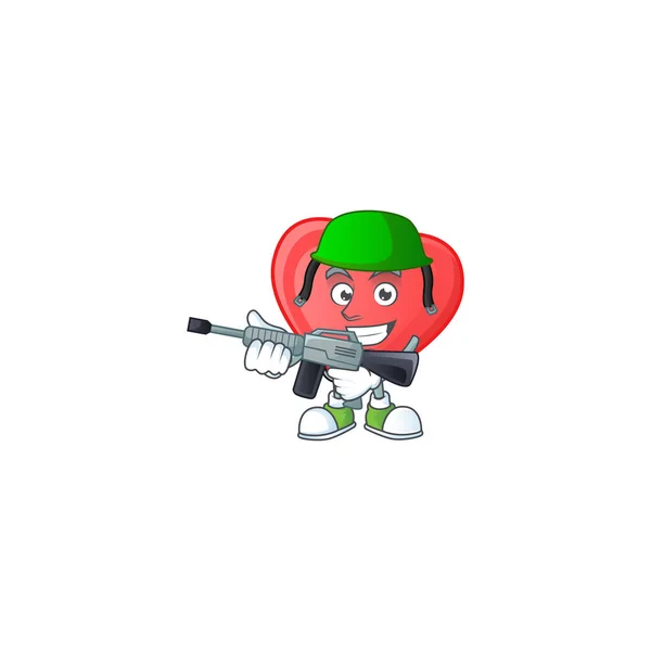 A mascot of red love as an Army with machine gun — 스톡 벡터