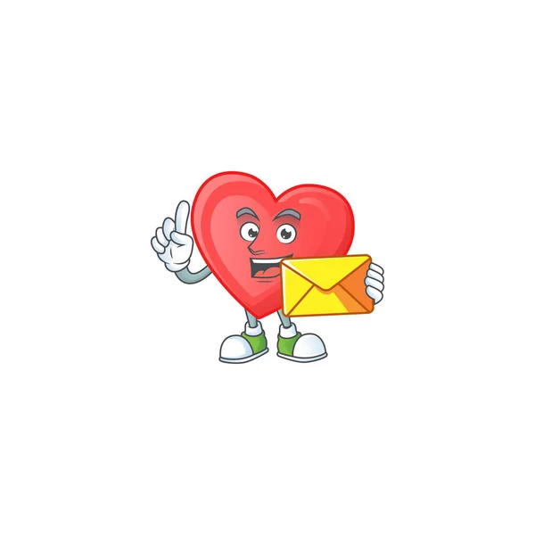 Gai dessin animé de mascotte d'amour rouge avec enveloppe — Image vectorielle