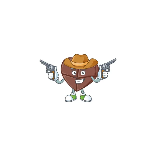 Barre de chocolat souriante amour icône de la mascotte comme un cow-boy tenant des armes — Image vectorielle