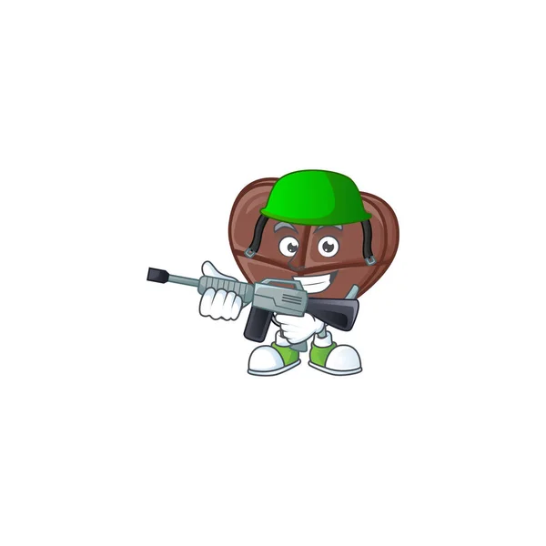 Uma mascote de chocolate bar amor como um exército com metralhadora — Vetor de Stock