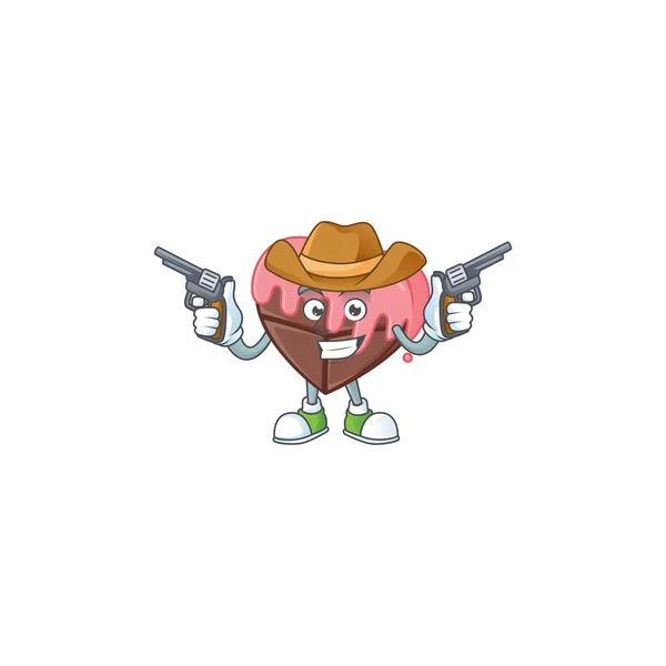 Smiling love chocolate with pink mascot icon as a Cowboy holding guns — 스톡 벡터