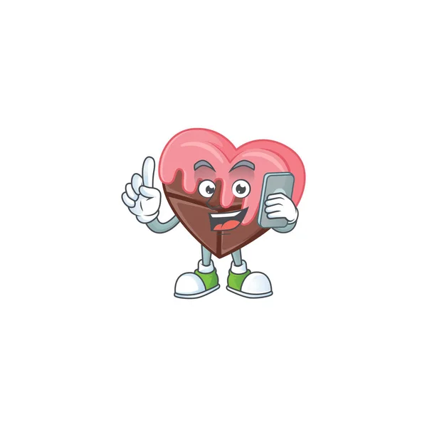 Mascot design av kärlek choklad med rosa talar på telefonen — Stock vektor