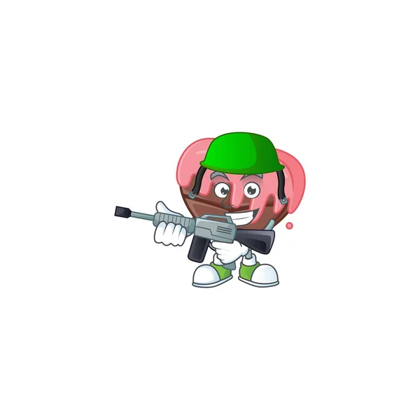 A mascot of love chocolate with pink as an Army with machine gun — 스톡 벡터