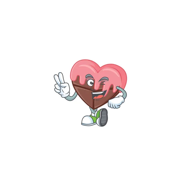 Miłość czekolada z różowej kreskówki styl maskotka z dwoma palcami — Wektor stockowy