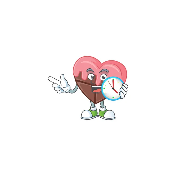 Szczęśliwa miłość czekolada z różowej kreskówki styl maskotka z zegarem — Wektor stockowy