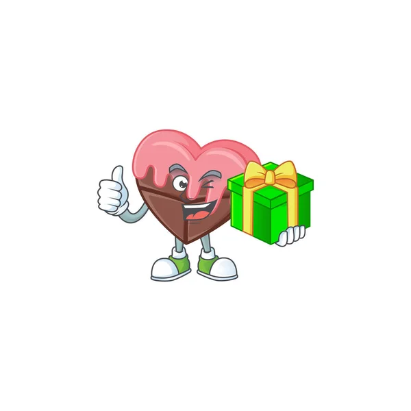 Tecknad karaktär av lycklig kärlek choklad med rosa med presentförpackning — Stock vektor