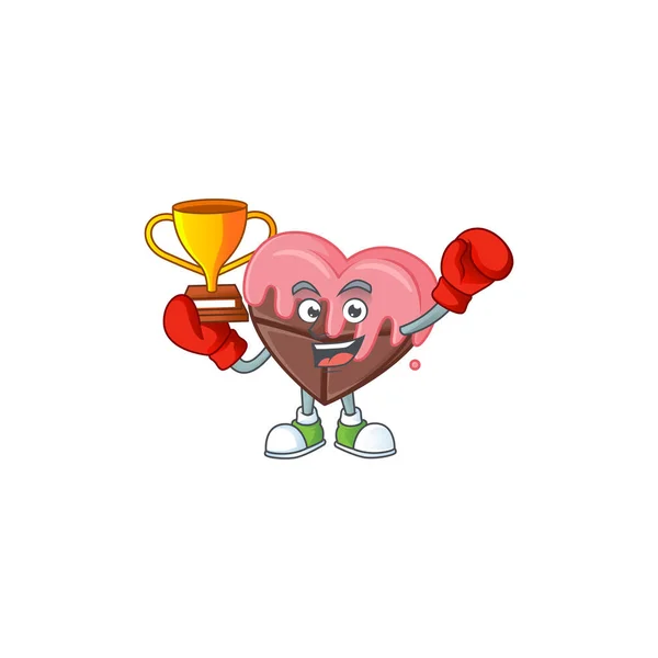 Super cool Boxing pemenang cinta coklat dengan merah muda dalam gaya kartun maskot - Stok Vektor