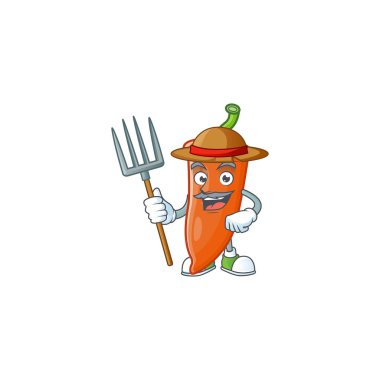 Mutlu çiftçi portakallı kırmızı biber maskotu şapka ve aletlerle