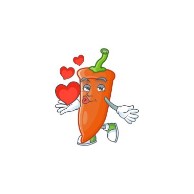 Mutlu portakallı biber çizgi film karakteri kalbi olan maskot
