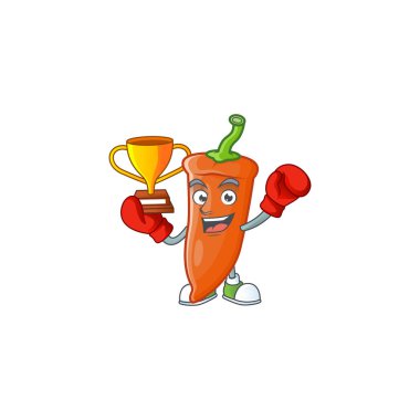 Süper havalı boks şampiyonu maskot stili portakallı biber.