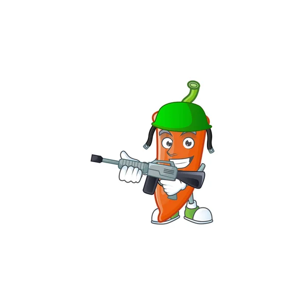 Ein Maskottchen aus orangefarbenem Chili als Armee mit Maschinengewehr — Stockvektor