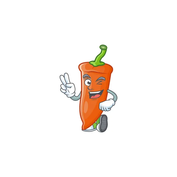 Mascotte de piment orange style dessin animé avec deux doigts — Image vectorielle