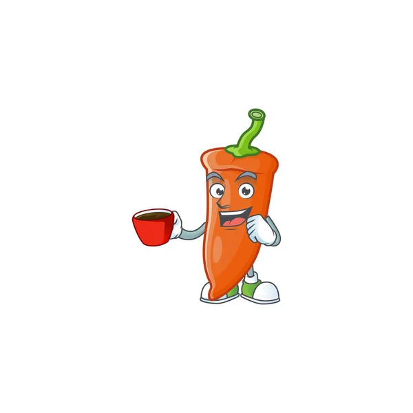 Image de caractère chili orange avec une tasse de café — Image vectorielle