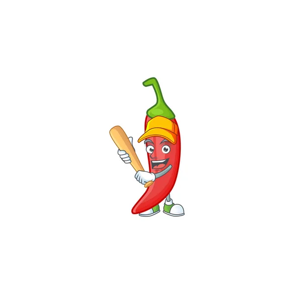 Grappig glimlachen rode chili cartoon mascotte met honkbal — Stockvector