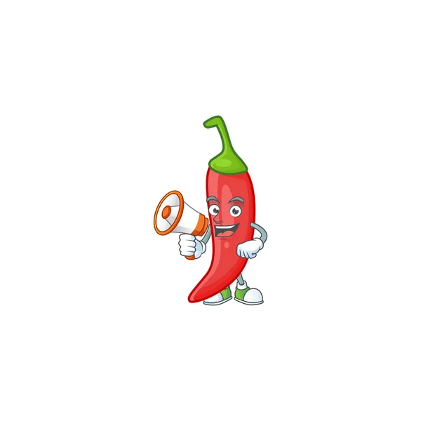 Uśmiechnięta postać z kreskówki czerwonego chili z megafonem — Wektor stockowy