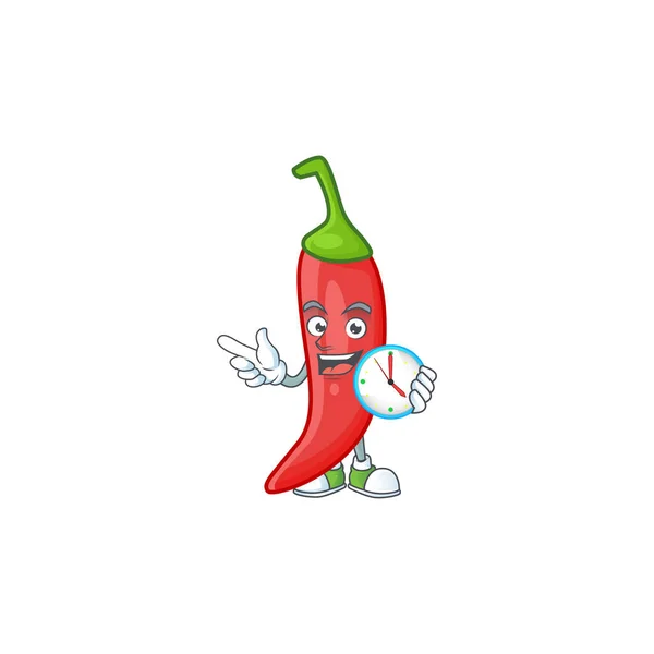 Happy rode chili cartoon mascotte stijl met klok — Stockvector