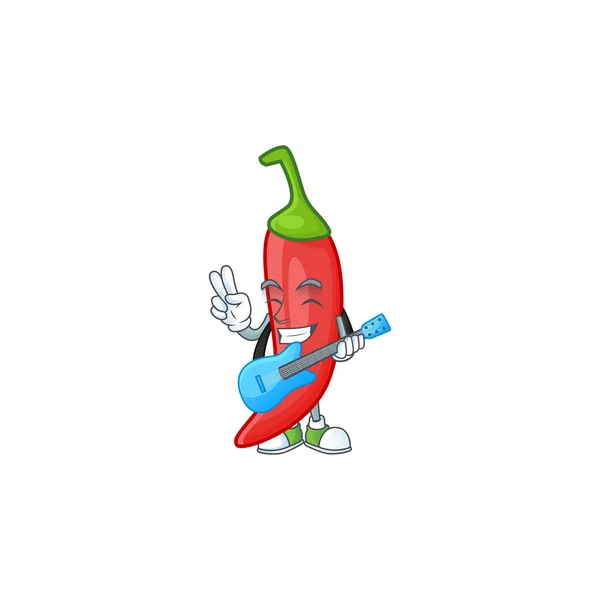 Cute i cool czerwony chili postać z kreskówek wydajność z gitarą — Wektor stockowy