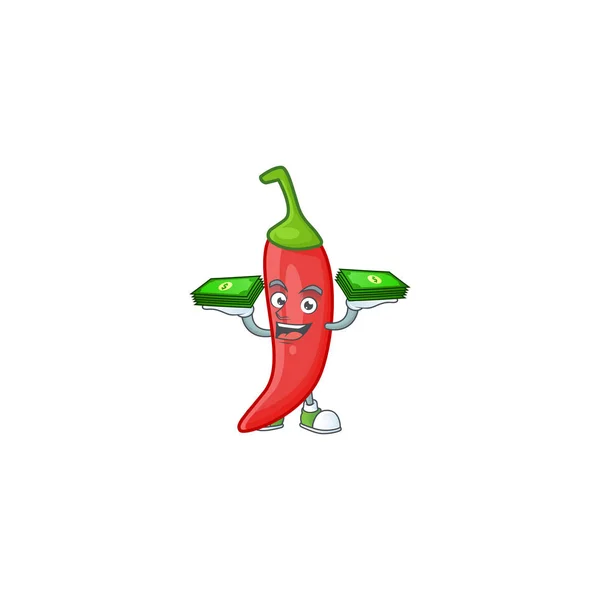 Vrolijk gezicht rood chili karakter met geld bij de hand — Stockvector