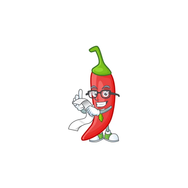 Grappig gezicht rood chili cartoon met menu klaar om te serveren — Stockvector