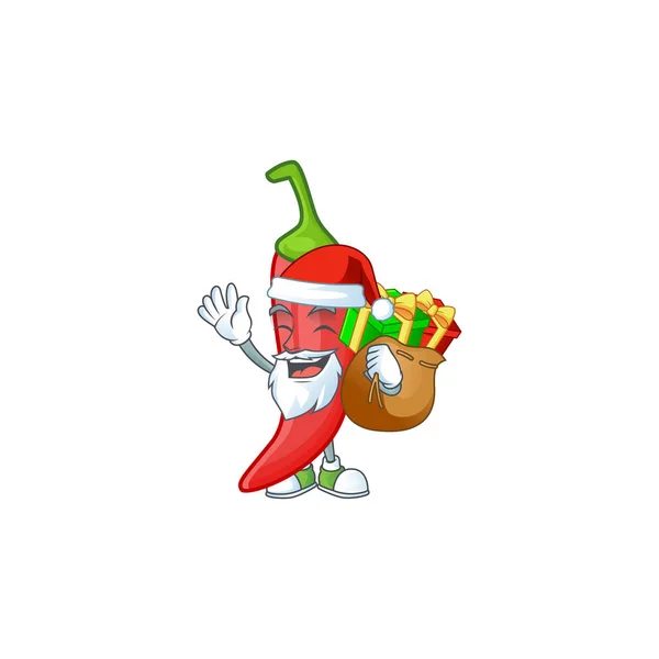Père Noël avec sac cadeau rouge chili Cartoon design — Image vectorielle