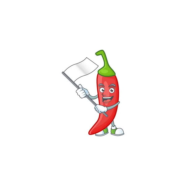 Carino rosso peperoncino disegno del personaggio del cartone animato in possesso di una bandiera — Vettoriale Stock