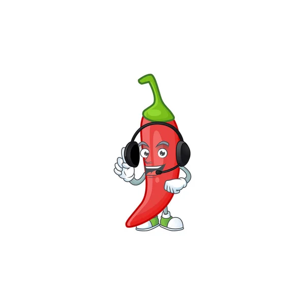 Red chili leuke cartoon karakter ontwerp met hoofdtelefoon — Stockvector