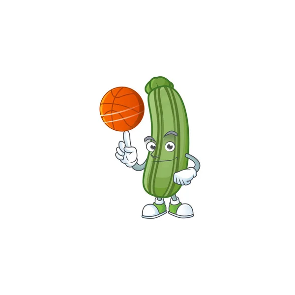 Cara feliz calabacín personaje de dibujos animados jugando baloncesto — Vector de stock