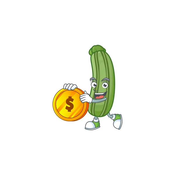 Volto felice zucchine personaggio dei cartoni animati con moneta d'oro — Vettoriale Stock