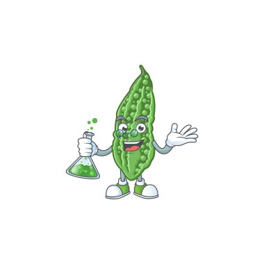 Akıllı kavun çizgi film karakteri cam tüp tutuyor.