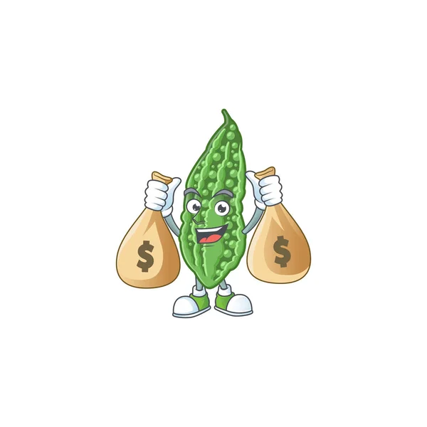 Happy bitter melon cartoon character with two money bags — 스톡 벡터