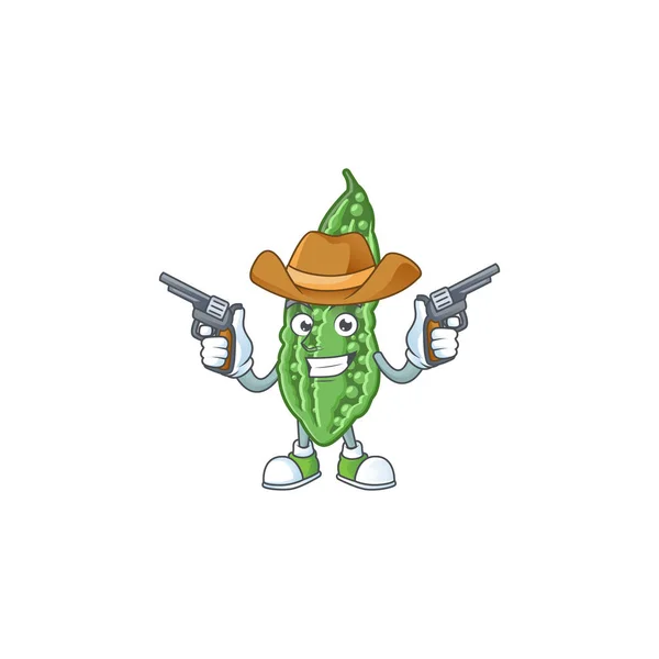 Sorrindo ícone mascote melão amargo como um Cowboy segurando armas —  Vetores de Stock