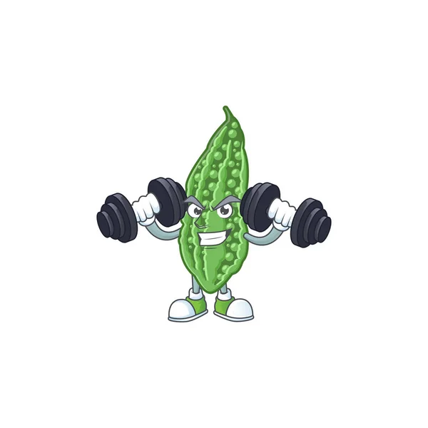 Fitness trening gorzki melon maskotka ikona ze sztangi — Wektor stockowy