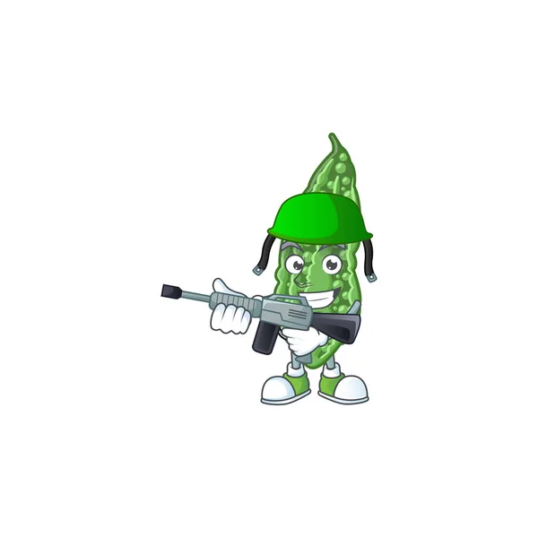 A mascot of bitter melon as an Army with machine gun — 스톡 벡터